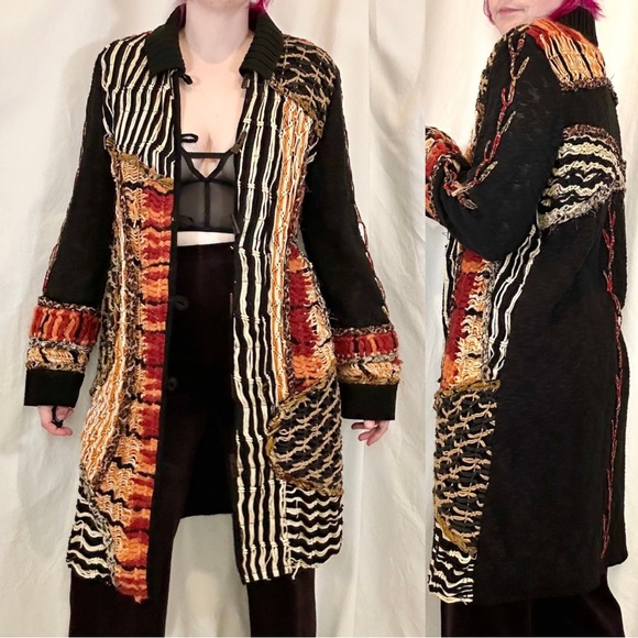 Vintage Sweaters - Vintage Y2K Sandy Starkman Mixed Media Multi Fabric Longline Cardigan Sweater